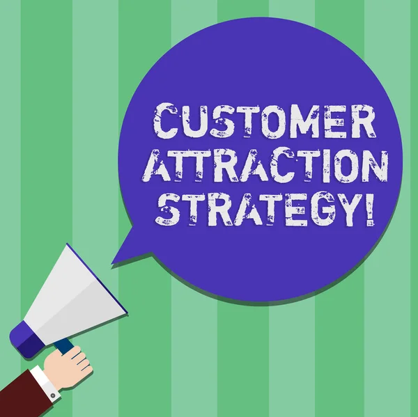 Writing note showing Customer Attraction Strategy. Business photo showcasing encourage customers to buy your brand Hu analysis Hand Holding Megaphone Color Speech Bubble. — Stock Photo, Image