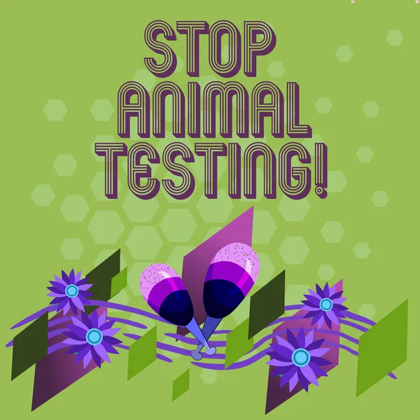 Text sign showing Stop Animal Testing. Conceptual photo scientific experiment which live animal forced undergo Colorful Instrument Maracas Handmade Flowers and Curved Musical Staff. — Stock Photo, Image