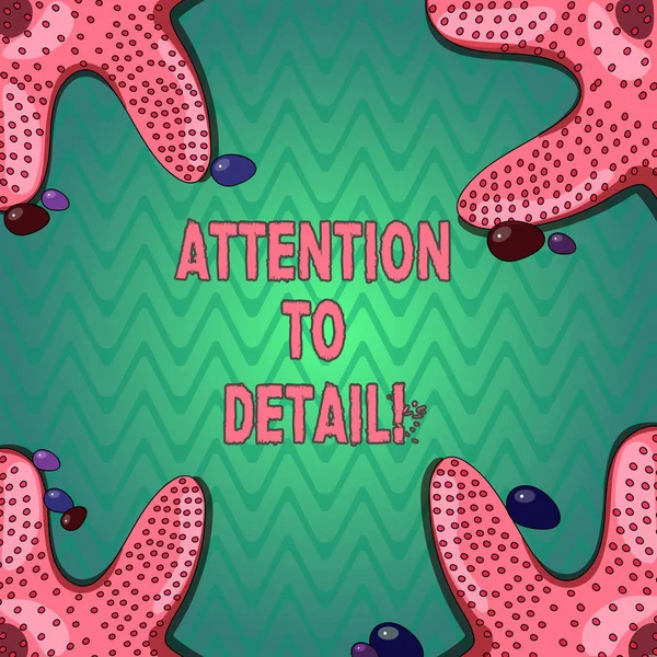 Handwriting text writing Attention To Detail. Concept meaning ability to achieve thoroughness and accuracy in task Starfish photo on Four Corners with Colorful Pebbles for Poster Ads Cards. — Stock Photo, Image