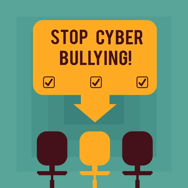 Escrita conceitual mostrando Stop Cyber Bullying. Texto de foto de negócios impedir o uso de comunicação eletrônica bully demonstrando Espaço cor Arrow Apontando para uma das três cadeiras giratórias . — Fotografia de Stock