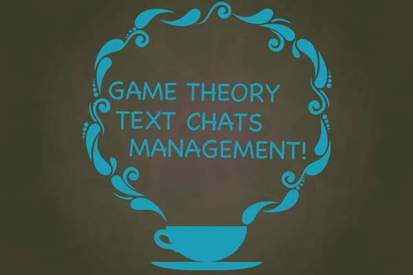 Writing note showing Game Theory Social Media Management. Business photo showcasing Gaming innovation marketing strategies Cup and Saucer with Paisley Design on Blank Watermarked Space.