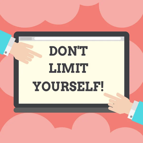 Writing note showing Don T Limit Yourself. Business photo showcasing Selfcontrol moderation underestimate you Stop Afraid Hu analysis Hands Pointing on a Blank Color Tablet Screen. — Stock Photo, Image