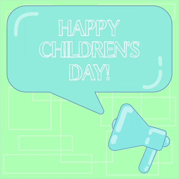 Tekst bord Happy Children S Day tonen. Conceptuele foto vaste datum gemaakt ter gelegenheid van de kinderen en het hebben van plezier megafoon foto en blanco rechthoekige kleur tekstballon met reflectie. — Stockfoto