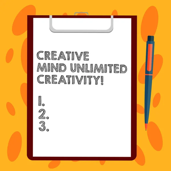 Writing note showing Creative Mind Unlimited Creativity. Business photo showcasing Full of original ideas brilliant brain Sheet of Bond Paper on Clipboard with Ballpoint Pen Text Space.
