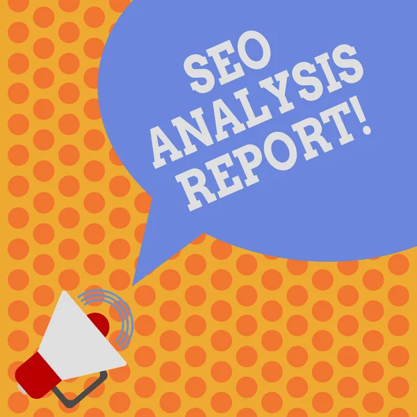 Seo 분석 보고서를 표시 하는 노트를 작성. 비즈니스 사진 보여주는 변경 하 웹사이트 더 볼 수 있도록 검색 엔진 확성기 소리 볼륨 아이콘 및 빈 색상 연설 거품 사진. — 스톡 사진