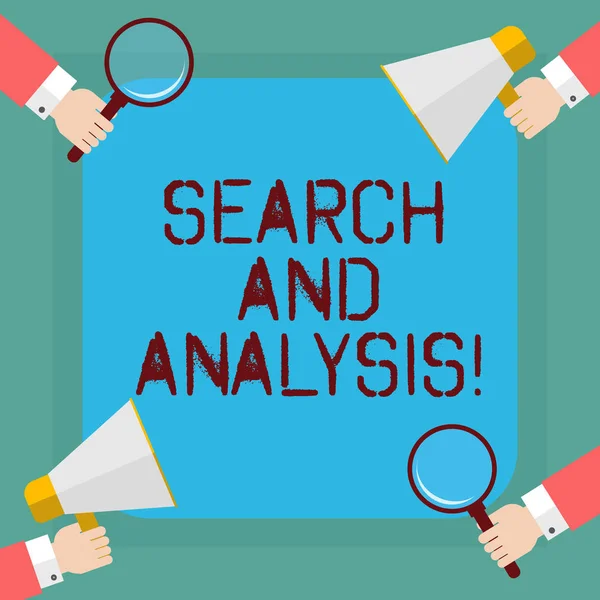 Conceptual hand writing showing Search And Analysis. Business photo showcasing inspecting cleansing transforming and modeling data Hu analysis Hands Holding Magnifying Glass and Megaphone. — Stock Photo, Image