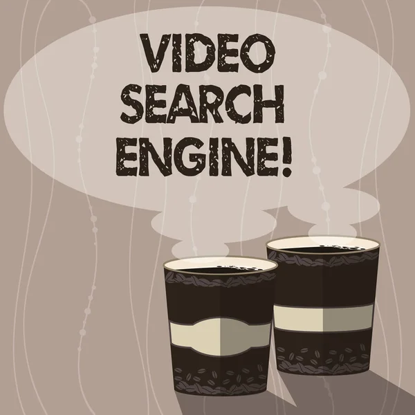 Writing Obs visar Video sökmotor. Företag foto skylta vilka crawlningar web djupt för media och ljud innehåll två To Go Cup med dryck och Steam ikonen tomma pratbubblan foto. — Stockfoto