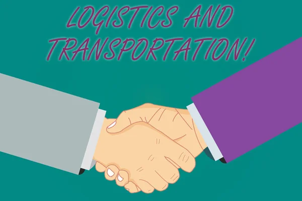 Εννοιολογική χέρι γράφοντας παρουσιάζουν Logistics και μεταφορών. Επαγγελματίες φωτογραφία προβάλλοντας την παράδοση αγαθών από τους προμηθευτές τους πελάτες Hu ανάλυση Shaking χέρια σε συμφωνία σημάδι του σεβασμού. — Φωτογραφία Αρχείου