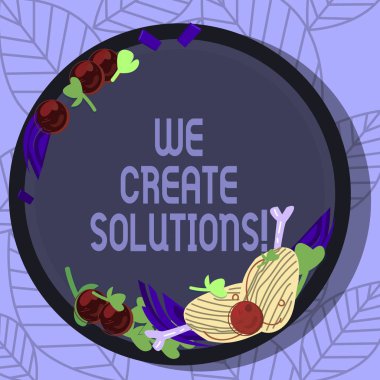 Biz oluşturma çözümleri gösterilen Not yazma. Sorunu çözmek veya el çekilmiş kuzu pirzolası Herb baharat kiraz domates boş renk plaka üzerinde zor durumla başa çıkmak için yol vitrine iş fotoğraf.