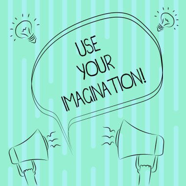 Word metin kullanmak sizin hayal yazma. Freehand anahat kroki, boş konuşma balonu megafon ses fikir simgesinin fikirlerin zihinsel resimler oluşturmak için yetenek kullanmak için iş kavramı.