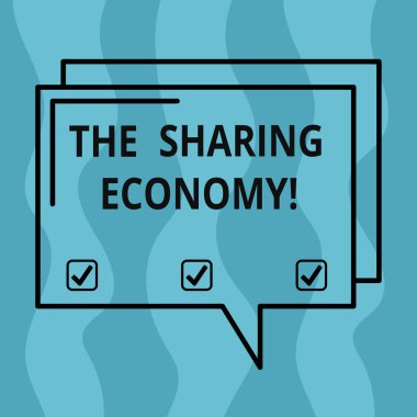 Kavramsal el paylaşımı ekonomi gösterilen yazma. İş fotoğraf vitrine sistemleri varlıkları veya dikdörtgen anahat saydam çizgi konuşma balonu alan bireyler arasında paylaşılan hizmetler.