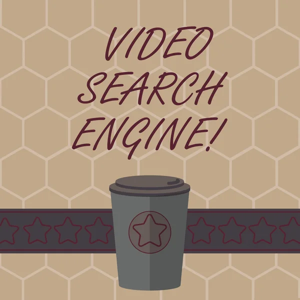 Conceptual hand writing showing Video Search Engine. Business photo text which crawls web deeply for media and audio content 3D Coffee To Go Cup with Lid Cover and Stars on Strip Text Space.