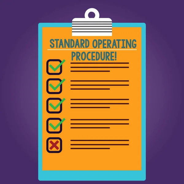 Word writing text Standard Operating Procedure. Business concept for Detailed directions on how to perform a routine Lined Color Vertical Clipboard with Check Box photo Blank Copy Space. — Stock Photo, Image