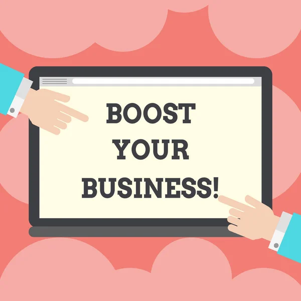 Schrijven van notitie weergegeven: Boost Your Business. Zakelijke foto presentatie van de verbetering van de zekere mate van succes van de ondernemingen groei Hu analyse handen wijzen op een lege kleurenscherm voor Tablet. — Stockfoto