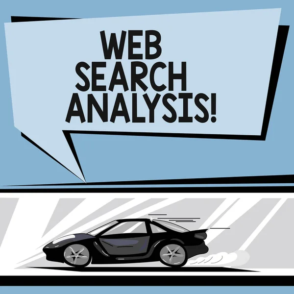 Schrijven van notitie weergegeven: Web Search analyse. Specifieke interacties tussen sites searcher auto met snel verkeer pictogram en uitlaat rook tekstballon zakelijke foto presentatie onderzoeken. — Stockfoto