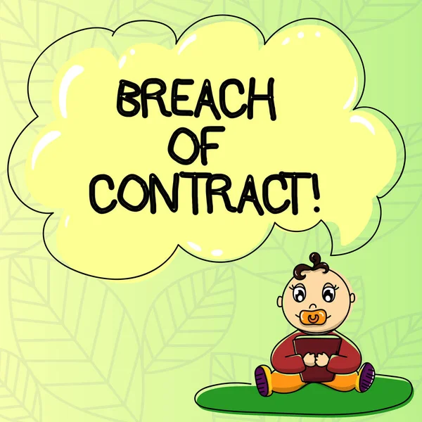 Word writing text Breach Of Contract. Business concept for act of breaking the terms set out in deal or agreement Baby Sitting on Rug with Pacifier Book and Blank Color Cloud Speech Bubble.