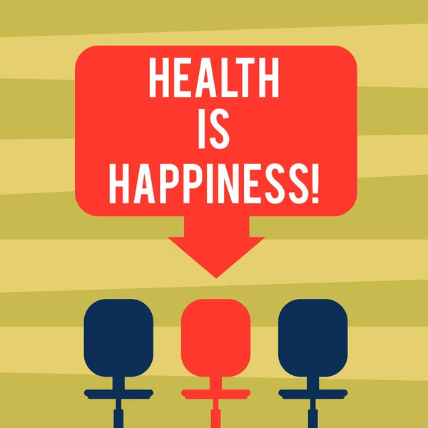 显示健康就是幸福的文字符号。你的身体和免费疾病的概念照片条件导致幸福空白颜色箭头指向三个旋转椅照片之一. — 图库照片