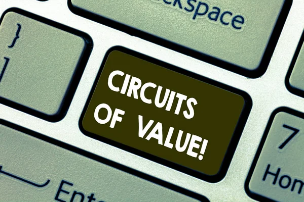 Writing note showing Circuits Of Value. Business photo showcasing system is being designed with central goal using offchain Keyboard key Intention to create computer message pressing keypad idea.