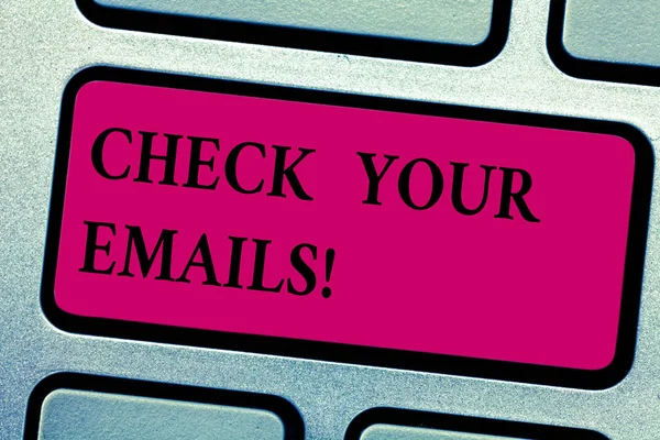 Writing note showing Check Your Emails. Business photo showcasing have look at your inbox to see new mails and read Keyboard key Intention to create computer message pressing keypad idea. — Stock Photo, Image