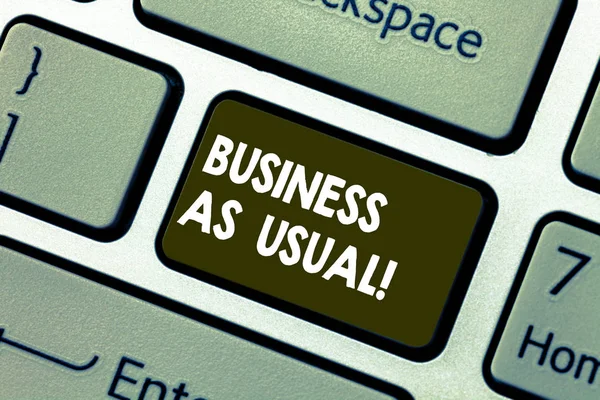 Writing note showing Business As Usual. Business photo showcasing ongoing and unchanging state affairs despite difficulties Keyboard key Intention to create computer message pressing keypad idea. — Stock Photo, Image