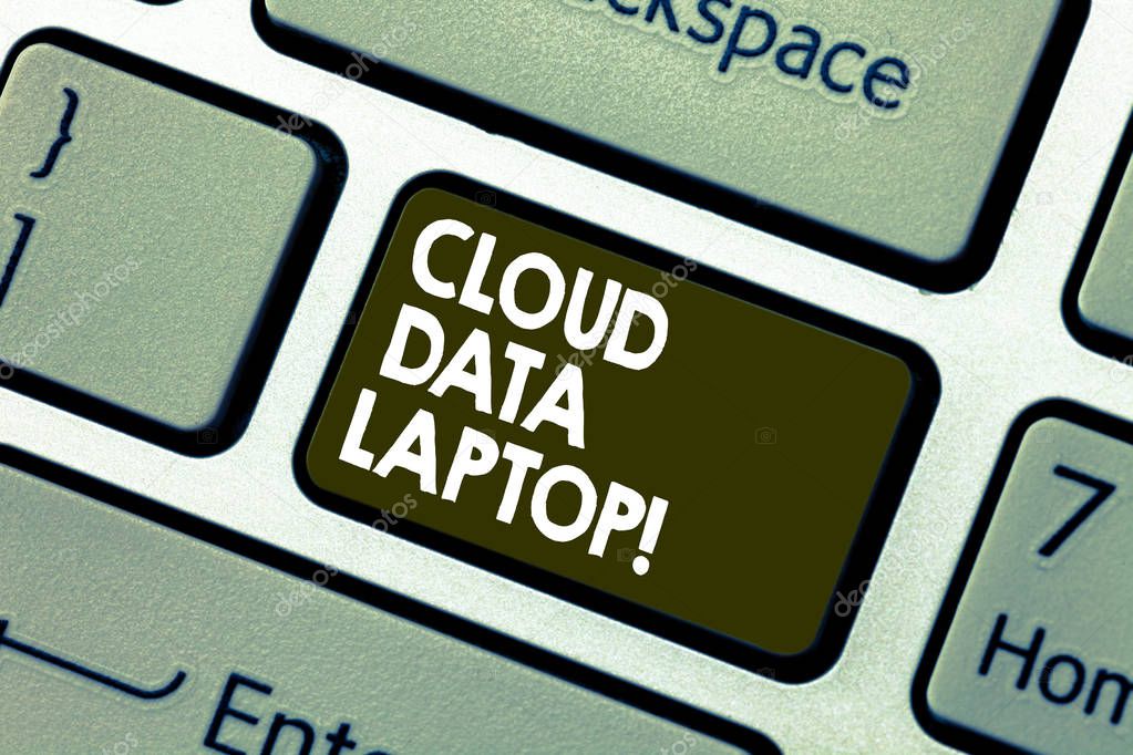 Writing note showing Cloud Data Laptop. Business photo showcasing datacenter full of servers that is connected to Internet Keyboard key Intention to create computer message pressing keypad idea.