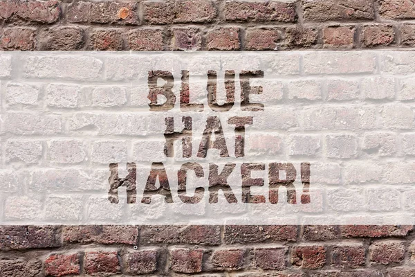 Texte d'écriture de mots Blue Hat Hacker. Concept d'affaires pour les sociétés de conseil en personne qui bug système avant son lancement Brick Wall art comme Graffiti appel de motivation écrit sur le mur . — Photo