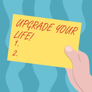 Kavramsal el Upgrade Your Life gösterilen yazma. İş fotoğraf metin geliştirmek yolunuzu yaşayan varlıklı ve daha mutlu çizilmiş Hu analiz el Holding boş renk kağıt karton elde.