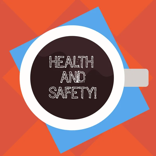 Handwriting text Health And Safety. Concept meaning regulation and procedures intended prevent accident injury Top View of Drinking Cup Filled with Beverage on Color Paper photo.