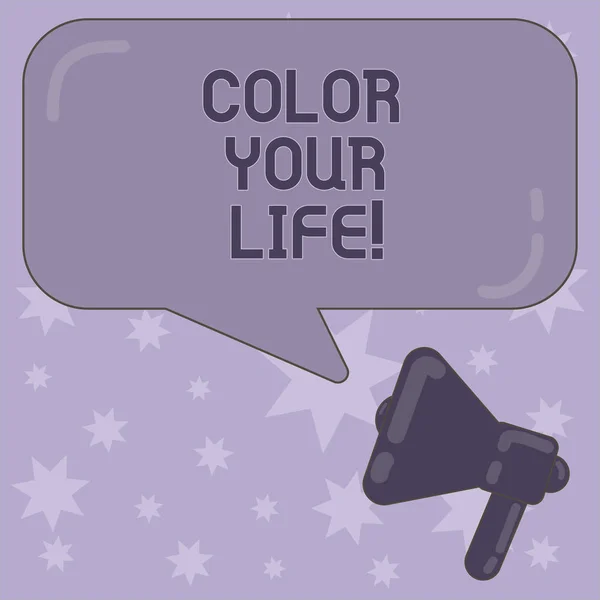 Zápis poznámky zobrazuje barevný život. Obchodní fotografie představí Make barevné dny být veselá motivované inspirované megafon a obdélníkové barva bublinu s odleskem. — Stock fotografie