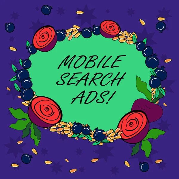 Writing Obs visar Mobile sökannonser. Foto annonstexter annons företag som kan visas på webbsidor och appar visas på telefonen blommig krans gjord av små frön små glänsande granatäpple och skär rödbetor. — Stockfoto
