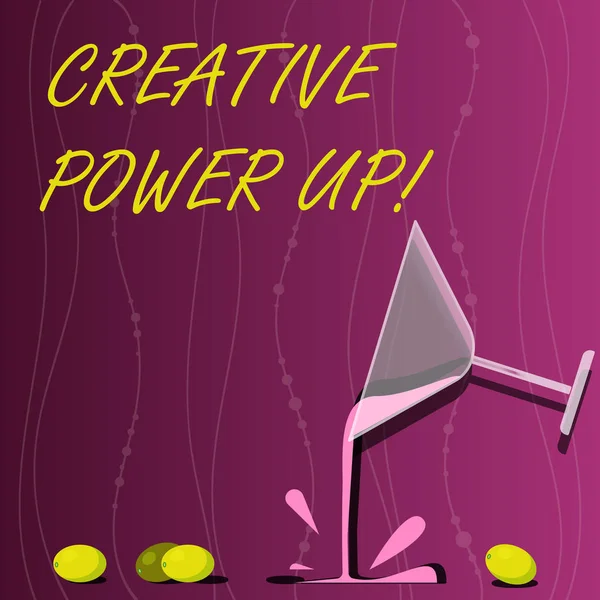 Conceptual hand writing showing Creative Power Up. Business photo showcasing characterized by originality thought or inventiveness Cocktail Wine Glass Pouring with Splash Grapes and Shadow. — Stock Photo, Image