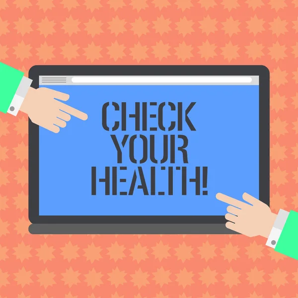 Writing note showing Check Your Health. Business photo showcasing physical examination includes variety of different tests Hu analysis Hands Pointing on a Blank Color Tablet Screen. — Stock Photo, Image