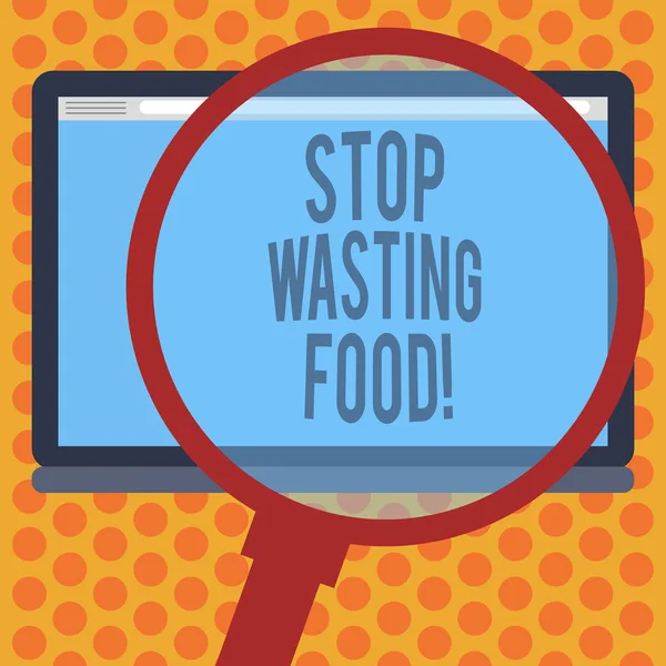 Escrevendo uma nota mostrando Stop Wasting Food. Foto de negócios mostrando organização trabalha para redução de desperdício de alimentos na sociedade Ampliação de vidro Alargamento Tablet Blank Color Screen photo text Espaço . — Fotografia de Stock