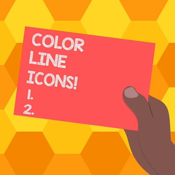 Handwriting text Color Line Icons. Concept meaning colored figures help us to go faster in way or open app Drawn Hu analysis Hand Holding Presenting Blank Color Paper Cardboard photo.