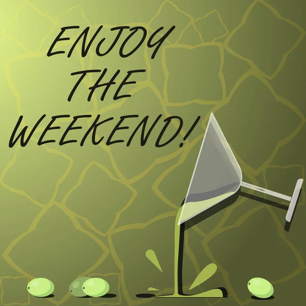 Writing note showing Enjoy The Weekend. Business photo showcasing day especially regarded as time for leisure and fun Cocktail Wine Glass Pouring with Splash Grapes and Shadow. — Stock Photo, Image