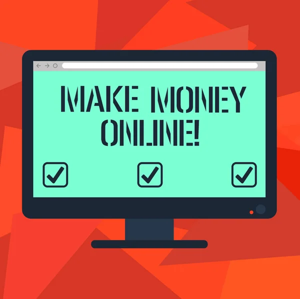 Make Money Online szöveg írása Word. Üzleti koncepció beszerzése cash kereső, vagy azáltal, hogy az internet segítségével profit üres számítógép asztali Monitor színes képernyő szerelt a haladás büfé. — Stock Fotó