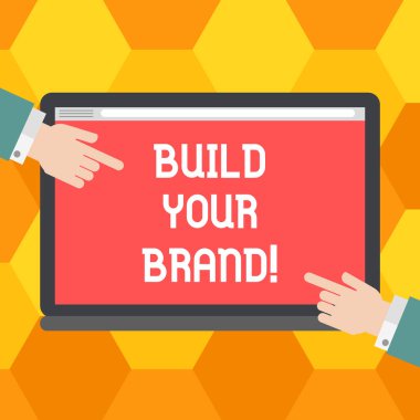 El yazısı metin Build Your marka. Kavram anlam şirket oluşturur veya müşteriler bilgi ve görüş Hu analiz elleri boş bir renk Tablet ekran üzerinde her iki taraf işaret geliştirir.