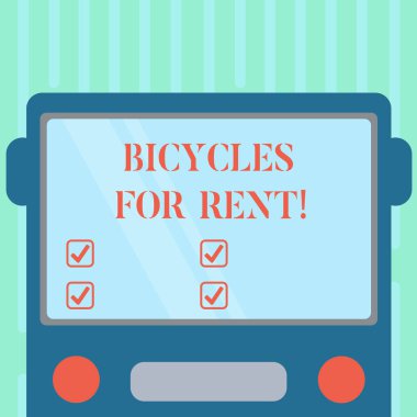 Word metin kiralık bisikletler yazma. İş kavramı kiralar için bisiklet kısa süreler genellikle birkaç saat için çizilmiş düz ön görünümü, otobüs boş renk pencere kalkan yansıtan ile.