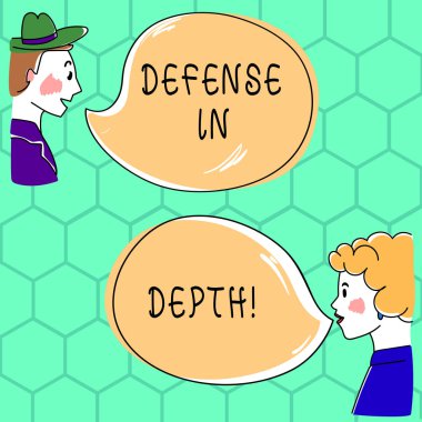Handwriting text writing Defense In Depth. Concept meaning arrangement defensive lines or fortifications defend others Hand Drawn Man and Wo analysis Talking photo with Blank Color Speech Bubble. clipart