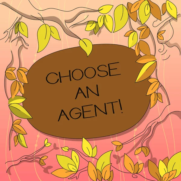 Текстовый знак, показывающий Выбор агента. Концептуальная фотография Выберите кого-то, кто выбирает решения от вашего имени Деревянные ветви разбросаны листьями, окружающие пустое цветовое пространство . — стоковое фото