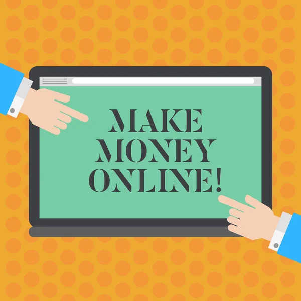 お金をオンラインを示すメモを書きます。それを獲得現金を得る事業写真展示またはインターネットを使用して利益を加えることで胡解析手指す空白色タブレット画面上. — ストック写真