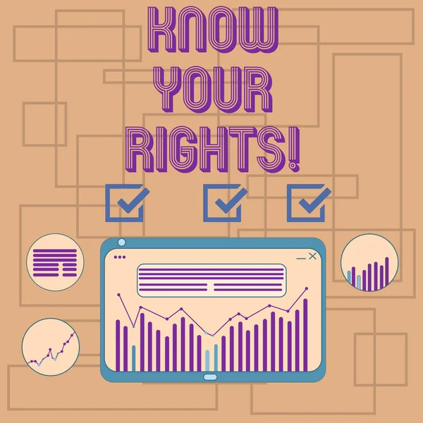 Text sign showing Know Your Rights. Conceptual photo asking demonstrating have good knowledge about what is legal Digital Combination of Column Line Data Graphic Chart on Tablet Screen. — Stock Photo, Image