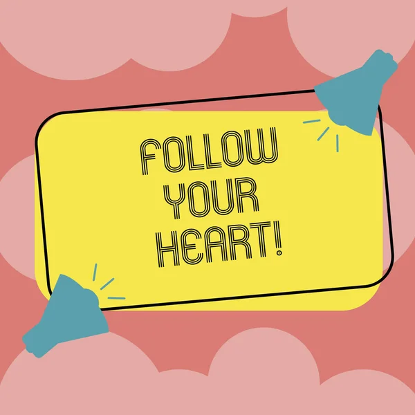 Zápis poznámky zobrazuje Follow Your Heart. Obchodní fotografie představí přemýšlet o tom dostat zpětnou vazbu nebo rad od někoho dvě megafon s ikonu zvuku na barvu nastínil obdélníkového tvaru. — Stock fotografie