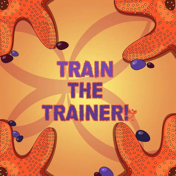 Escrevendo uma nota mostrando Train The Trainer. Foto de negócios mostrando identificado para ensinar mentor ou treinar outros frequentam classe Starfish em quatro cantos com seixos para cartões de anúncios de pôster . — Fotografia de Stock