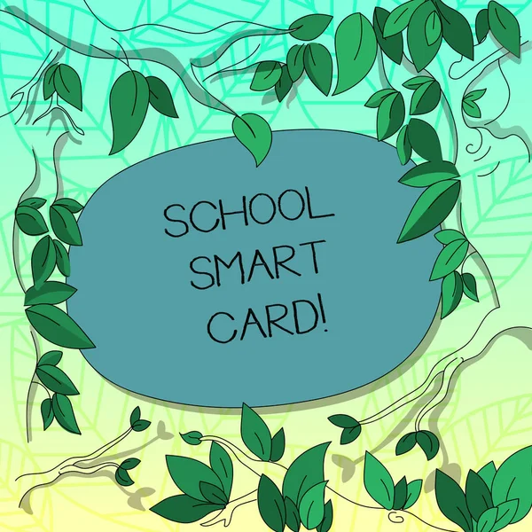 Textschild mit der Chipkarte der Schule. konzeptionelle fotointegrierte Schaltungskarte, um Kindern Zugang zu Baumzweigen zu geben, die mit Blättern übersät sind, die leere farbige Textflächen umgeben. — Stockfoto