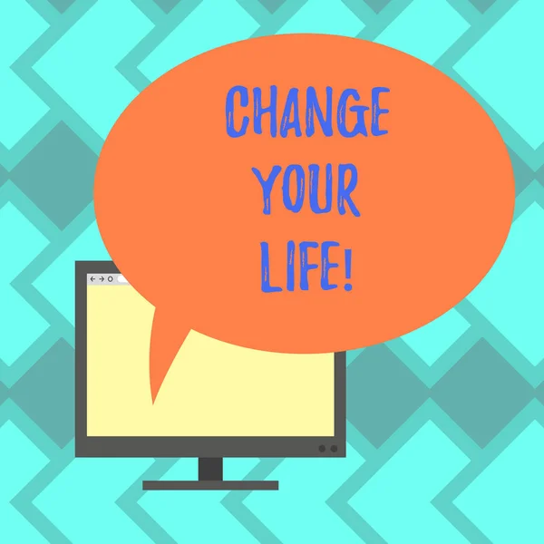 Text tecken visar förändra ditt liv. Konceptuella foto Ställ livsmål och belöna dig när du uppnår dem monterade dator Monitor Blank skärm med Oval färg pratbubblan. — Stockfoto
