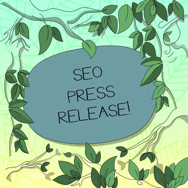 Text sign showing Seo Press Release. Conceptual photo make sure that links going back websites in your press Tree Branches Scattered with Leaves Surrounding Blank Color Text Space.