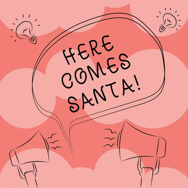 Escribiendo nota que muestra Here Comes Santa. Foto de negocios que muestra la canción de Navidad escrita e interpretada por Gene Autry Freehand Bosquejo del discurso Icono de la idea del megáfono de la burbuja . —  Fotos de Stock