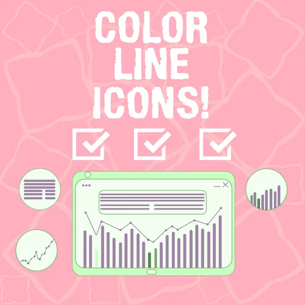 Word writing text Color Line Icons. Business concept for colored figures help us to go faster in way or open app Digital Combination of Column Line Data Graphic Chart on Tablet Screen. — Stock Photo, Image
