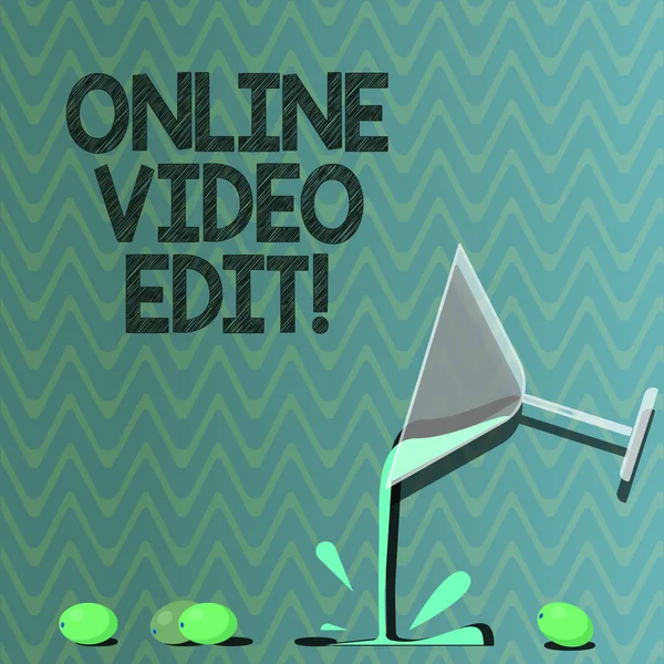 Text sign showing Online Video Edit. Conceptual photo taking away clips of that video that are not necessary Cocktail Wine Glass Pouring Liquid with Splash Grapes and Shadow photo.